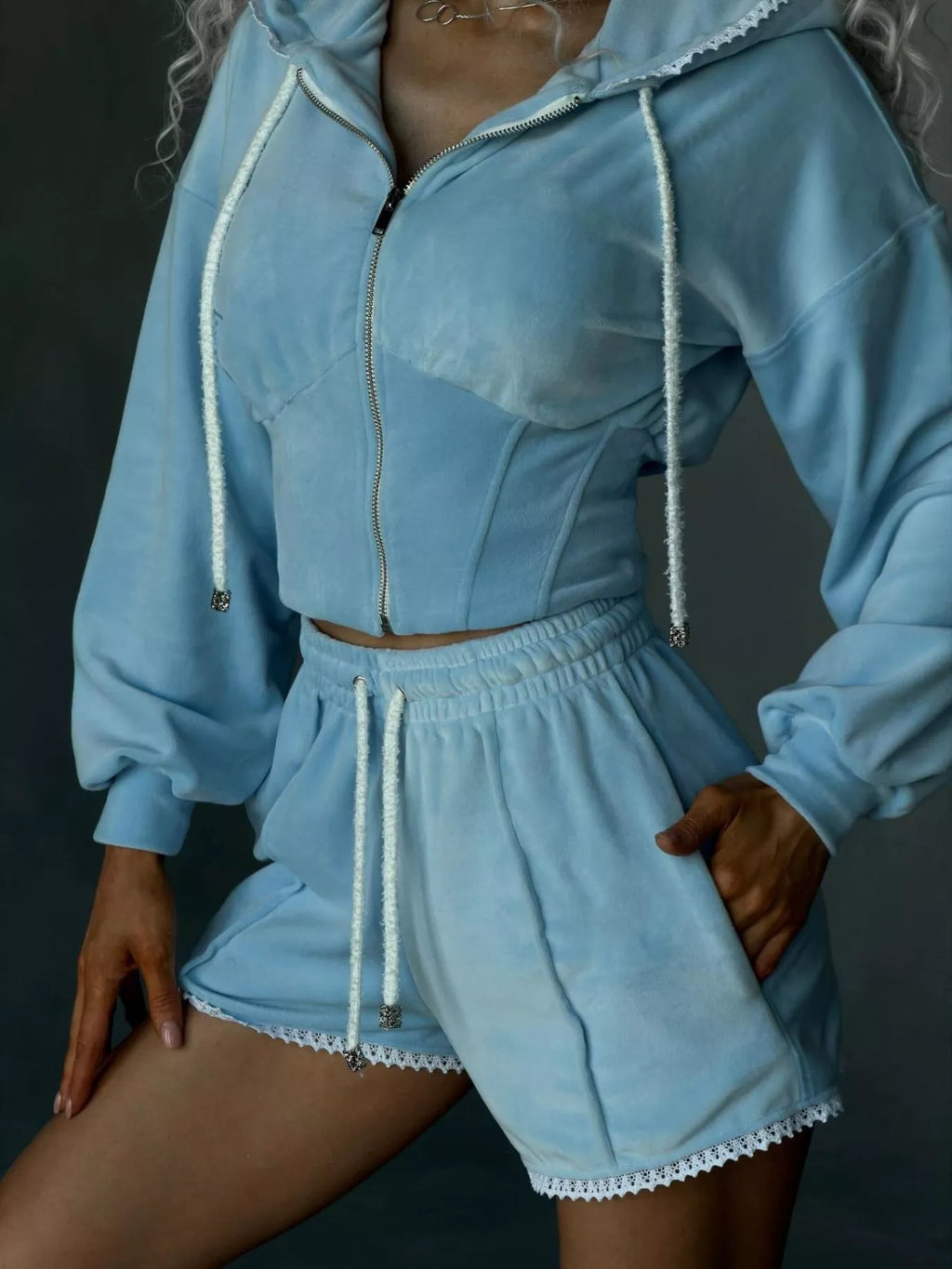 Zip Up Hooded Outerwear and Shorts Set