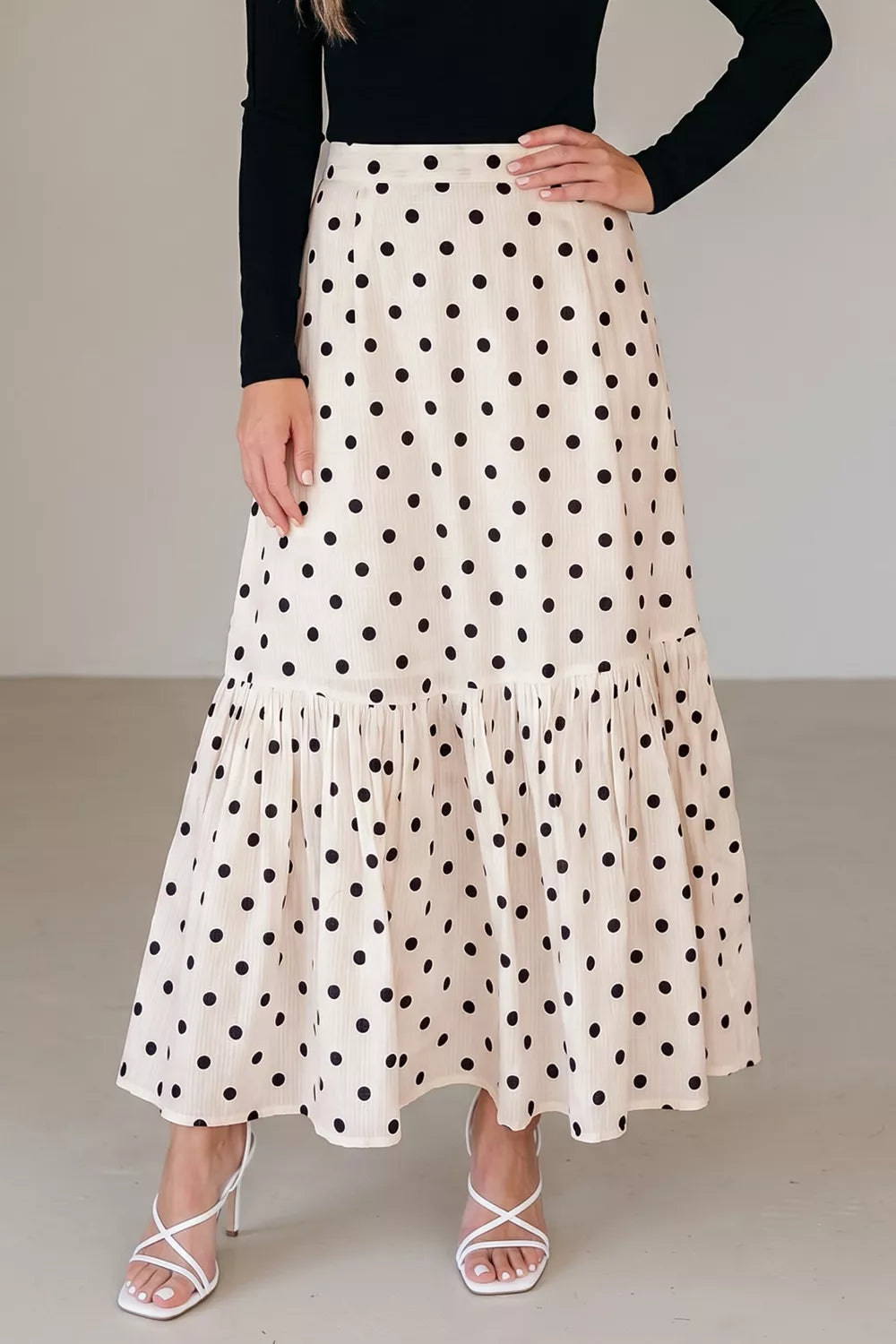Polka Dot Ruffled Slit Maxi Skirt
