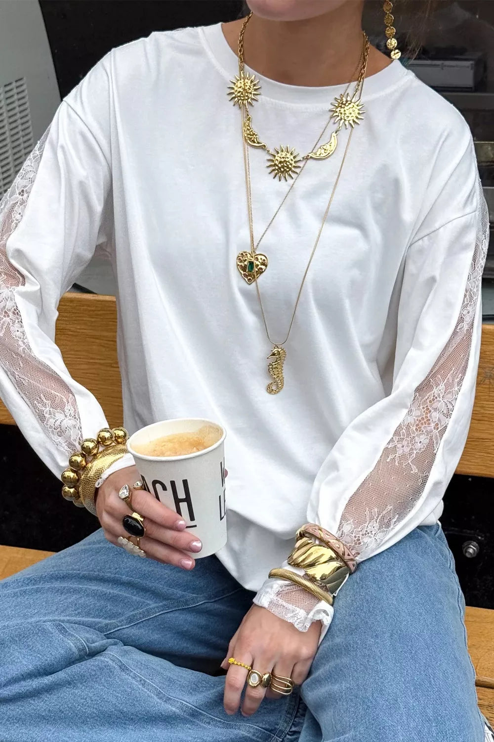 Lace Patchwork Round Neck Long Sleeve Top