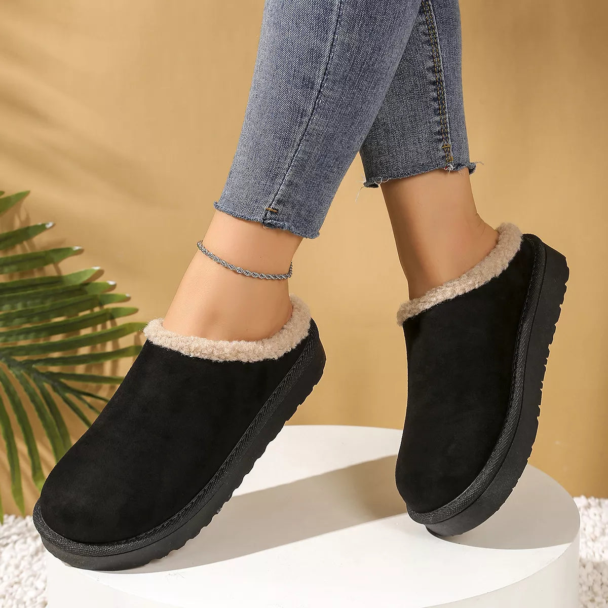 Plush Lined Round Toe Slippers