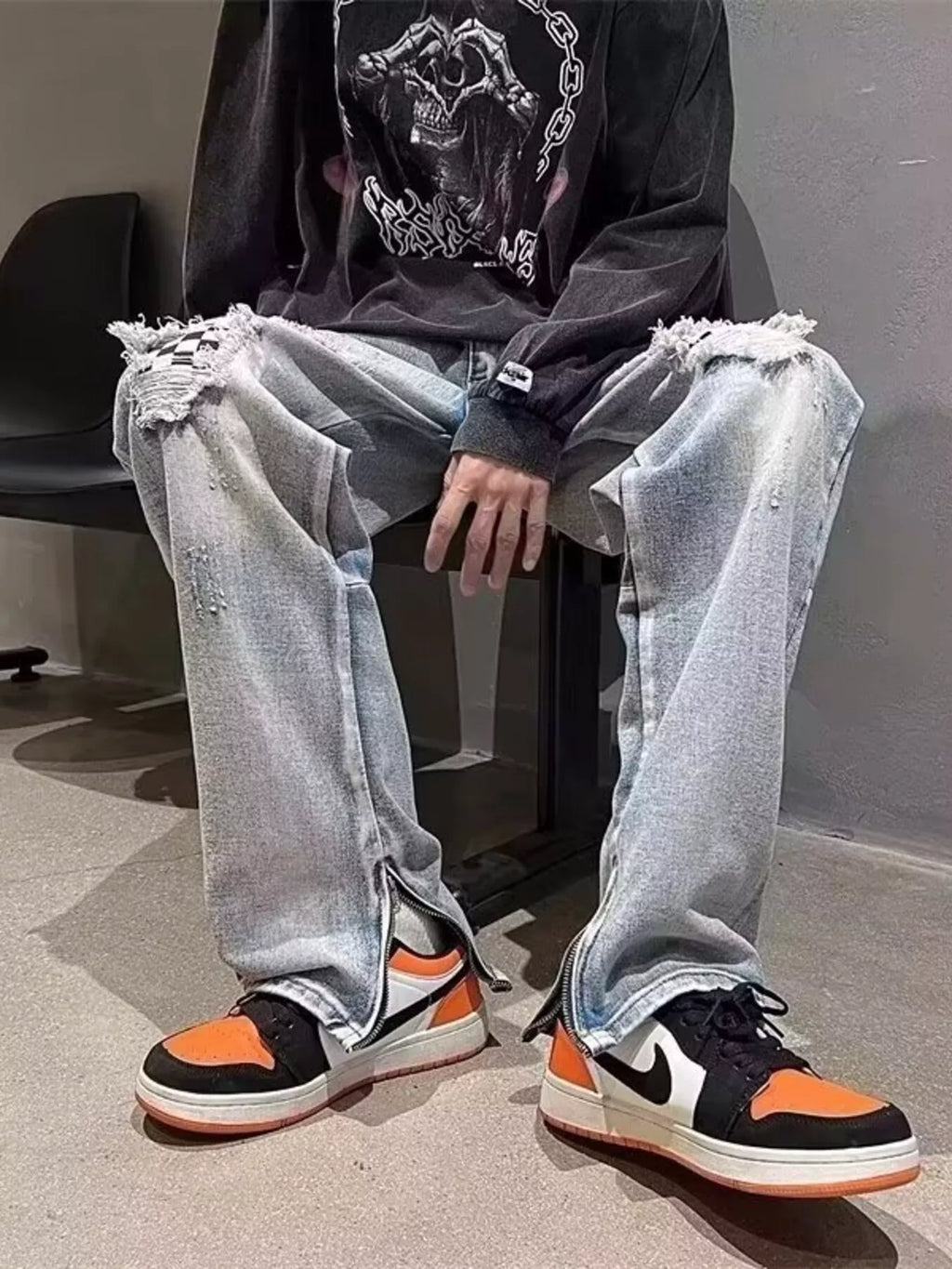 Men's Full Size Ripped Checkerboard Patchwork Jeans Plus Size