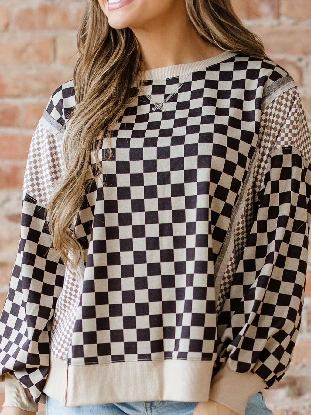 Mixed Checkered Pattern Patchwork High Low Casual Top