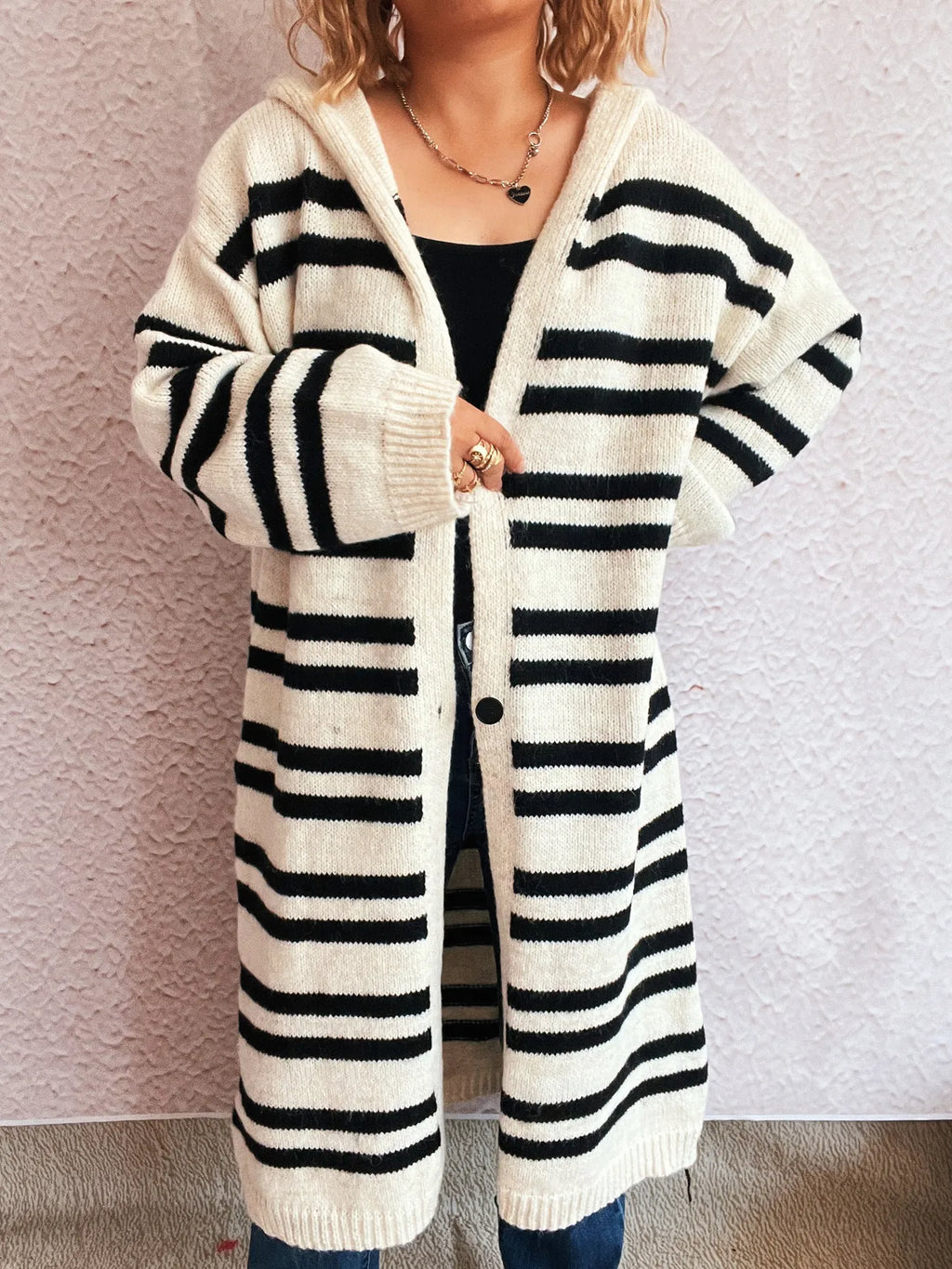 Striped Open Front Hooded Cardigan