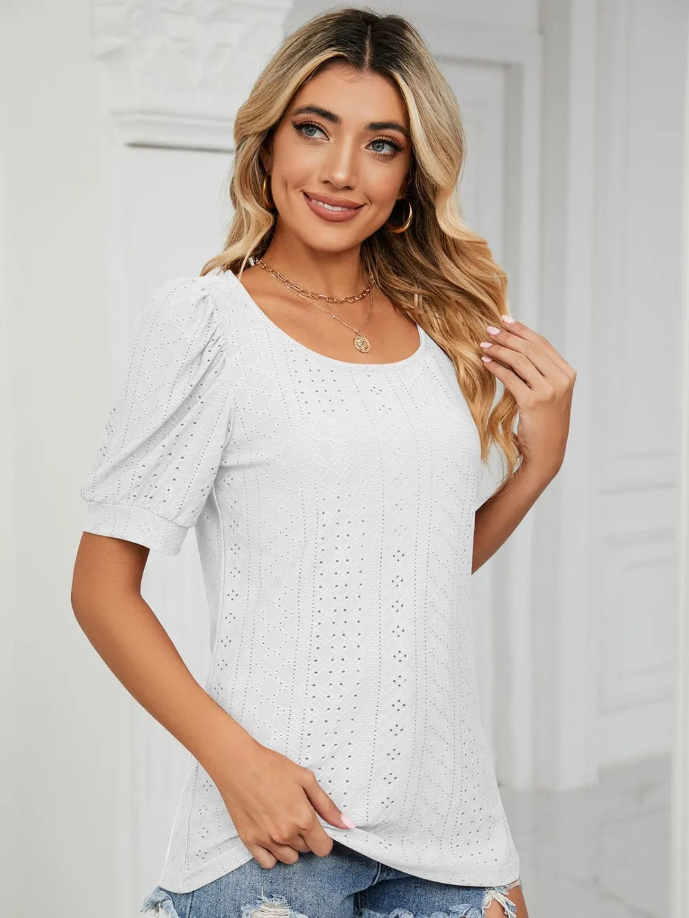 Ruched Notched Long Sleeve T-Shirt