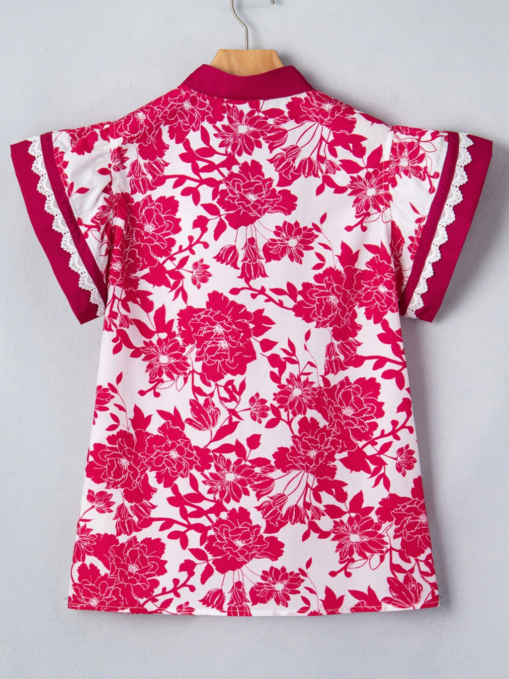 Floral Print Color Block Trim Lace Detail V Neck Flutter Sleeve Blouse