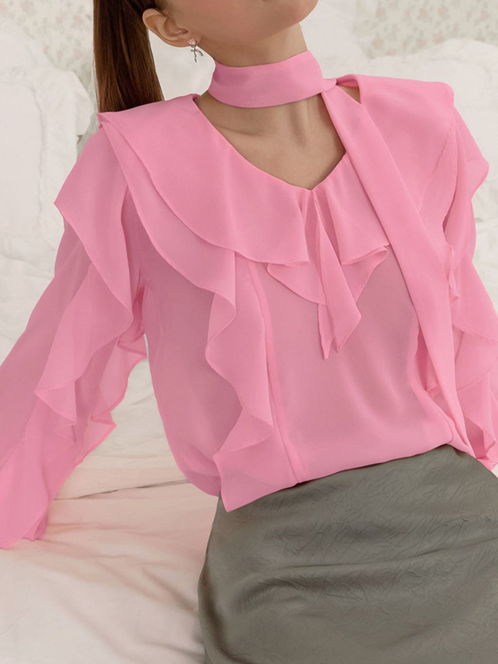 Ruffle Trim Chiffon Blouse