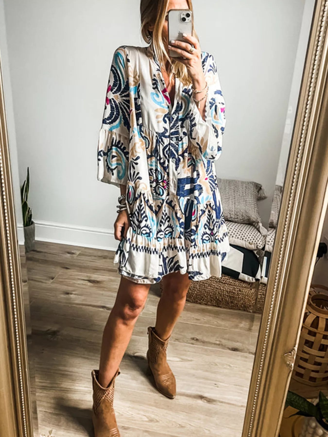 Bohemian Print Tiered Mini Dress