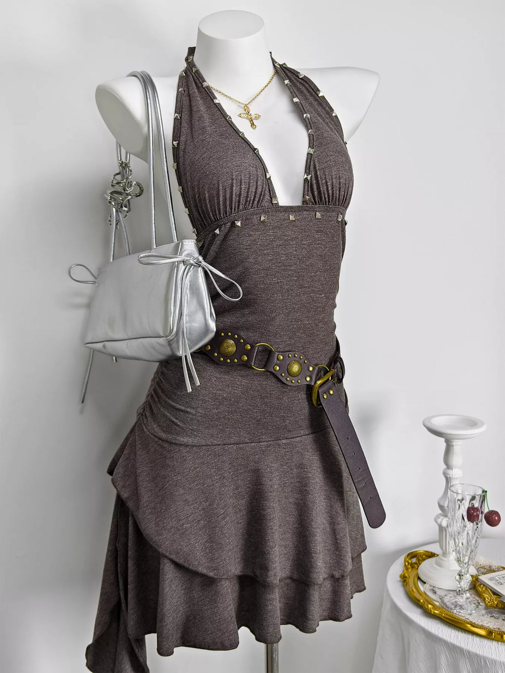 Studded Halter Neck Ruffle Hem Mini Dress