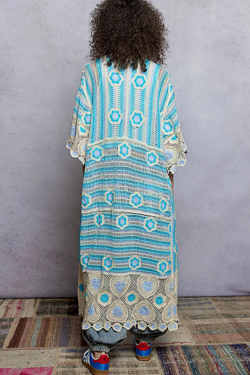 POL Striped and Floral Pattern Crochet Longline Cardigan