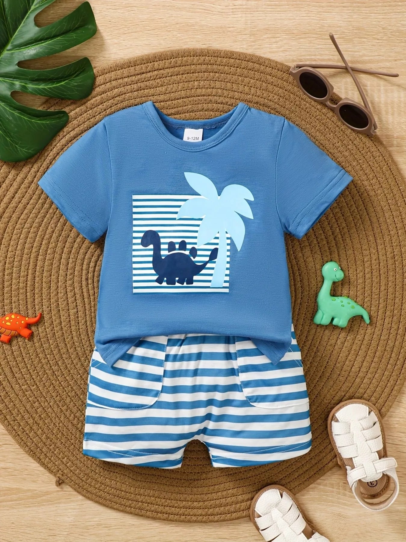 Children's Dinosaur Print Tee & Striped Shorts Set