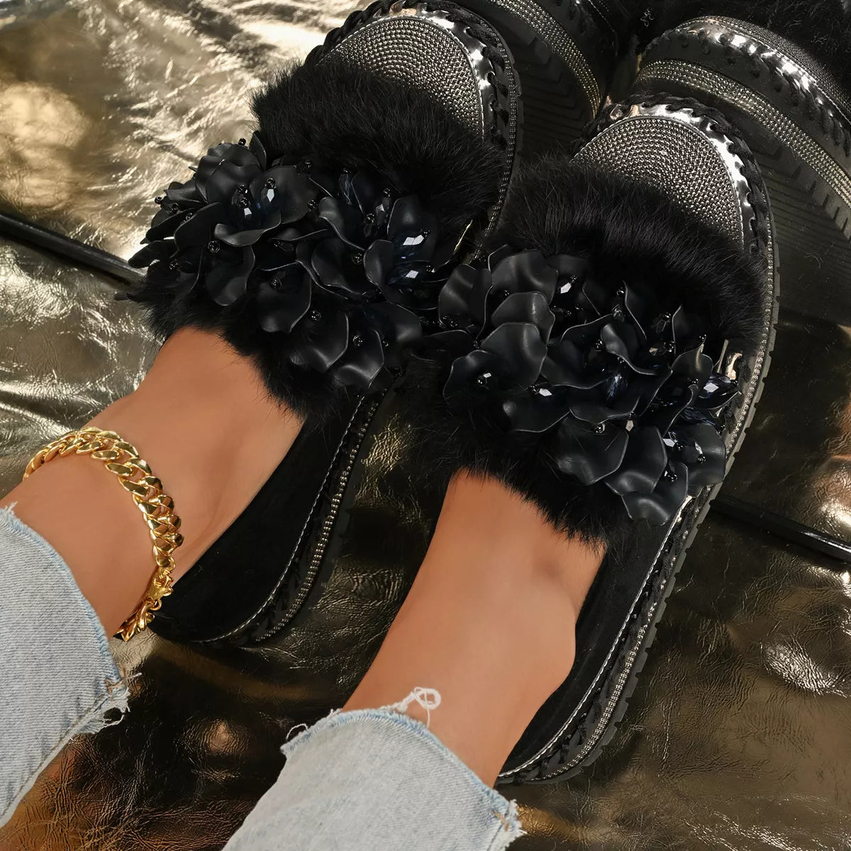 Fur-Trimmed Rhinestone Loafers