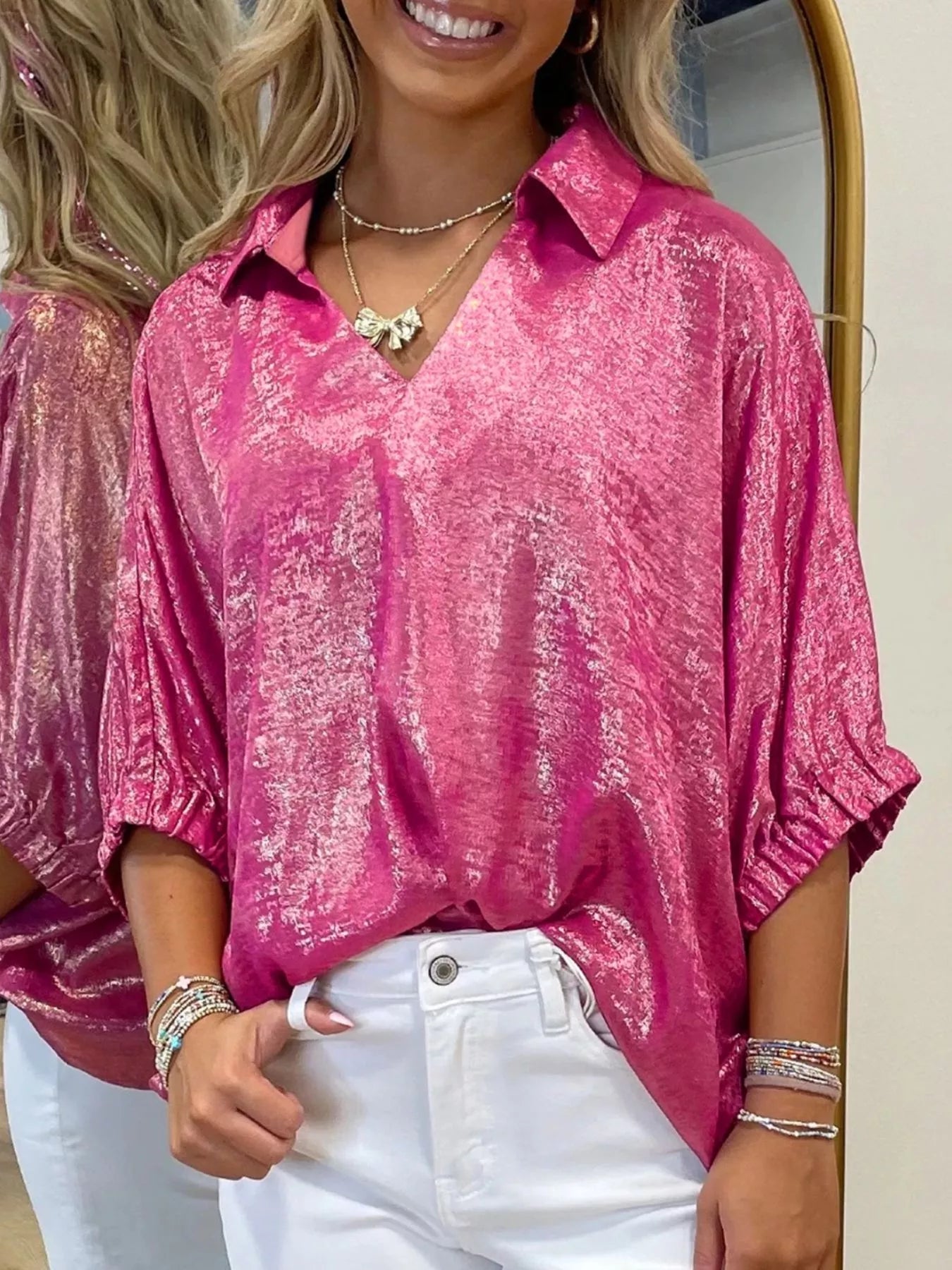 Collared V Neck Half Sleeve Metallic Top