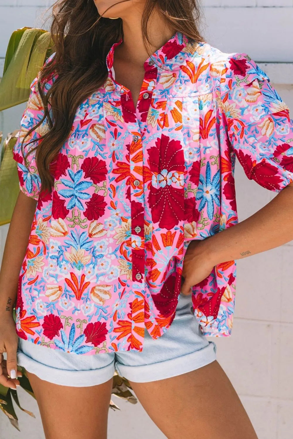 Floral Puff Sleeve Button-Up Top