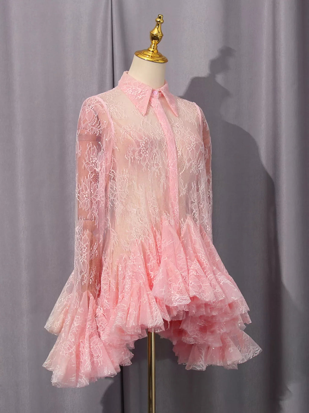 Ruffled Hem Lace Long Sleeve Dress