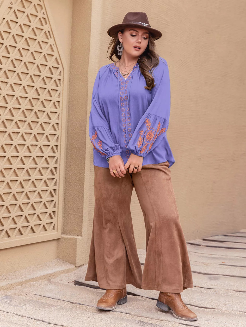 Plus Size Boho Embroidered Long Sleeve Blouse