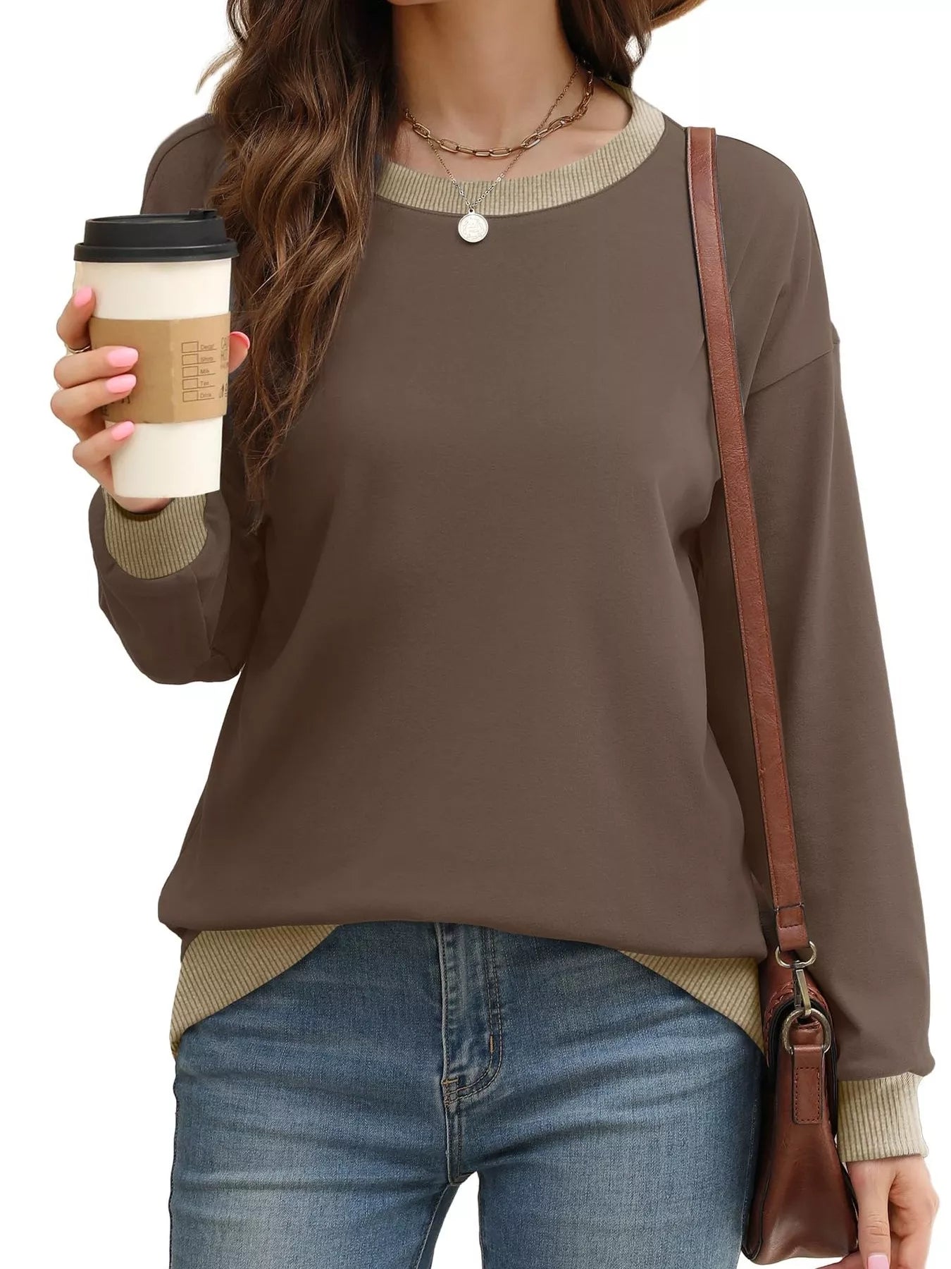 Contrast Trim Crew Neck Casual Sweatshirt