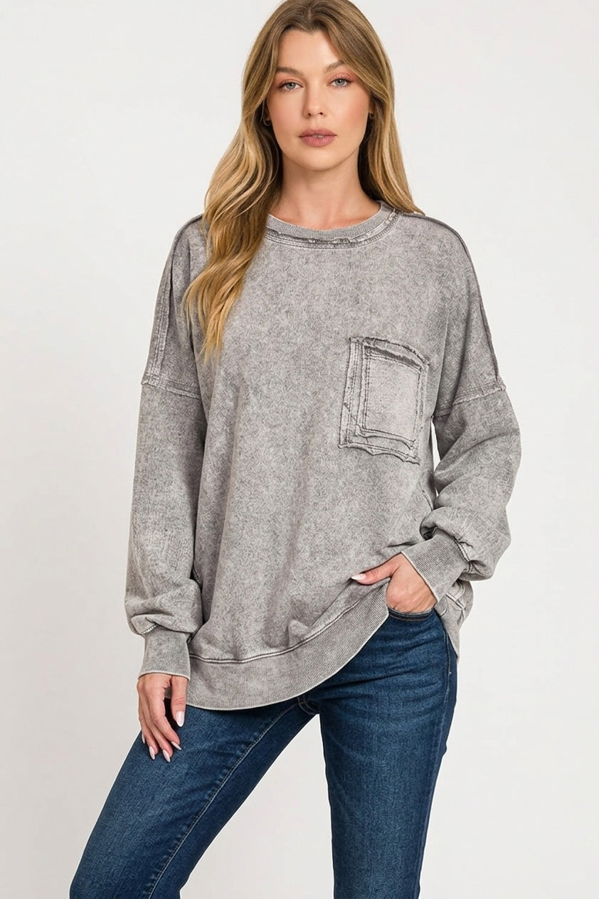 Zenana Halo Washed French Terry Exposed-seam Sweatshirt