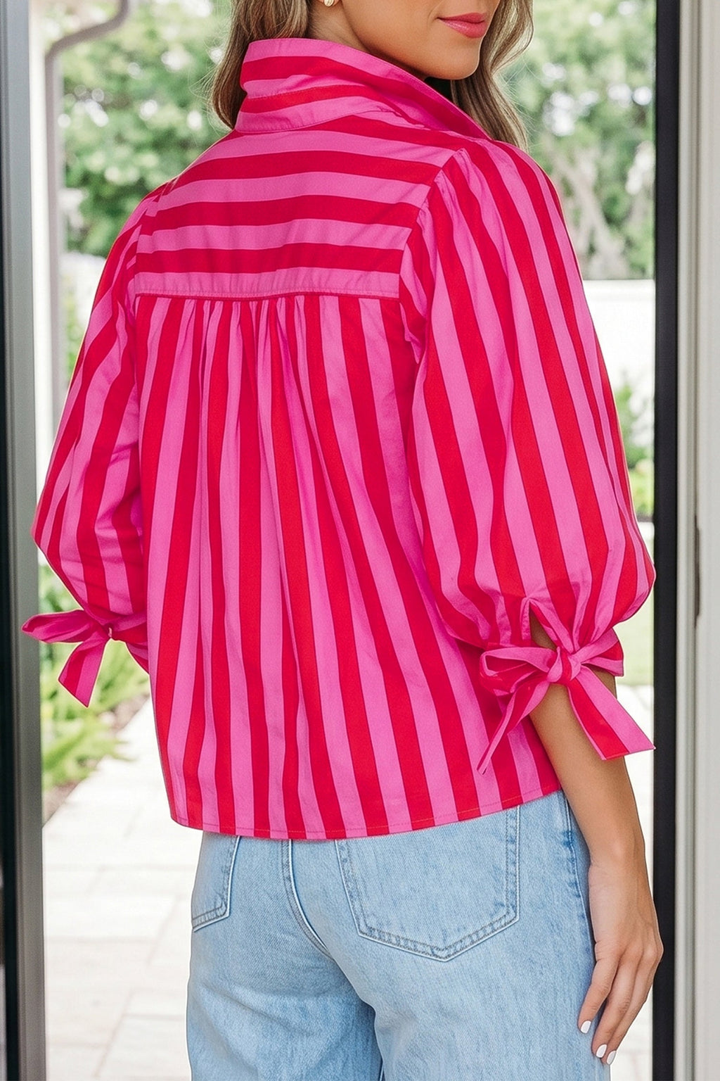 Stripe Tie Puff Sleeve Button Down Shirt
