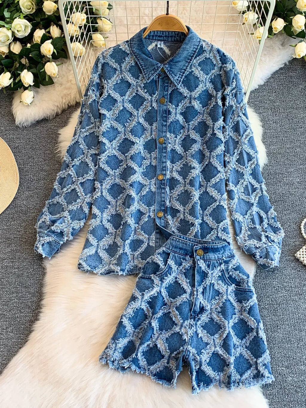 Distressed Diamond Pattern Jacket and Shorts Denim Set