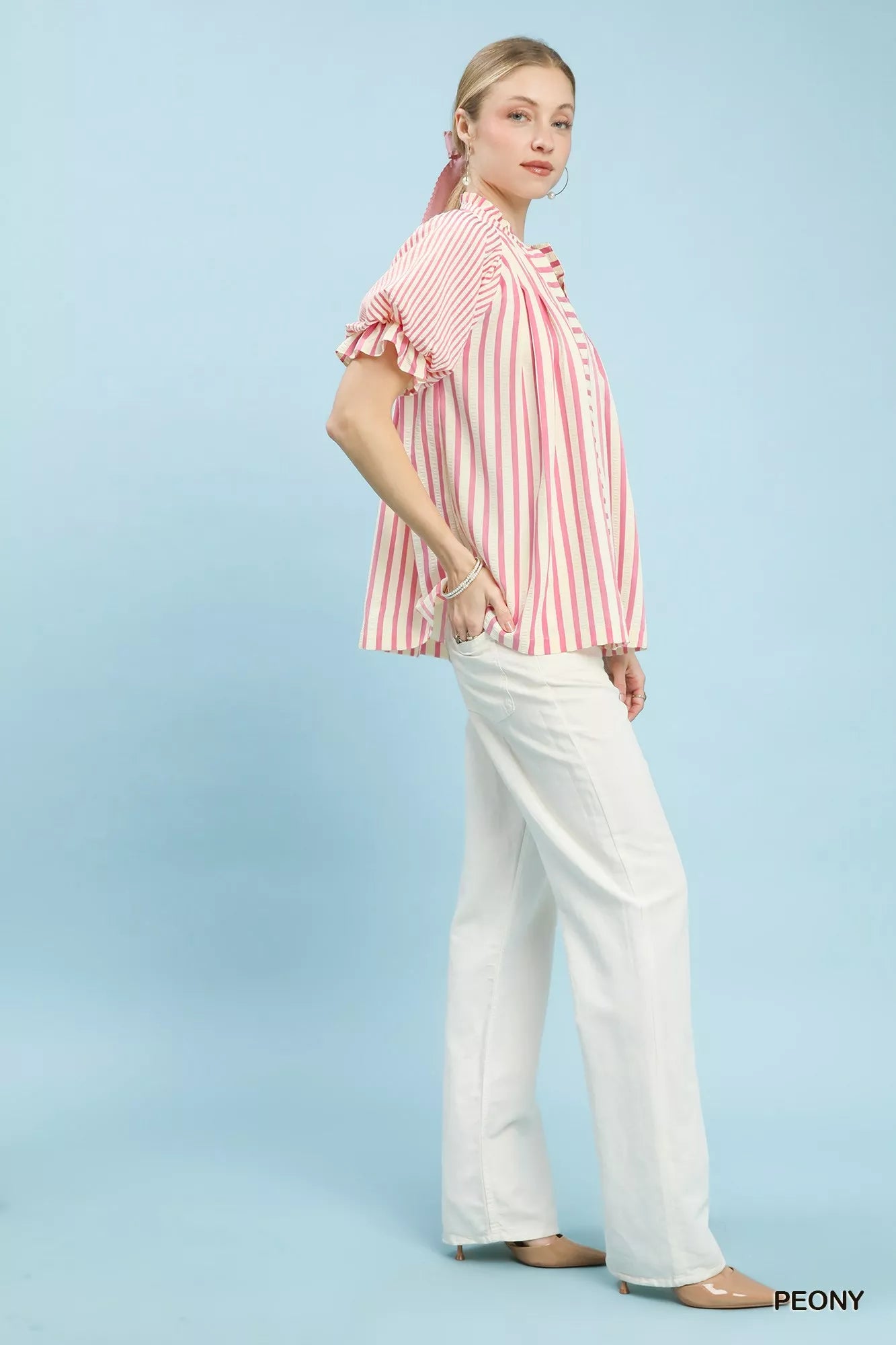 Umgee Striped Notched Top with Short Flutter Sleeves
