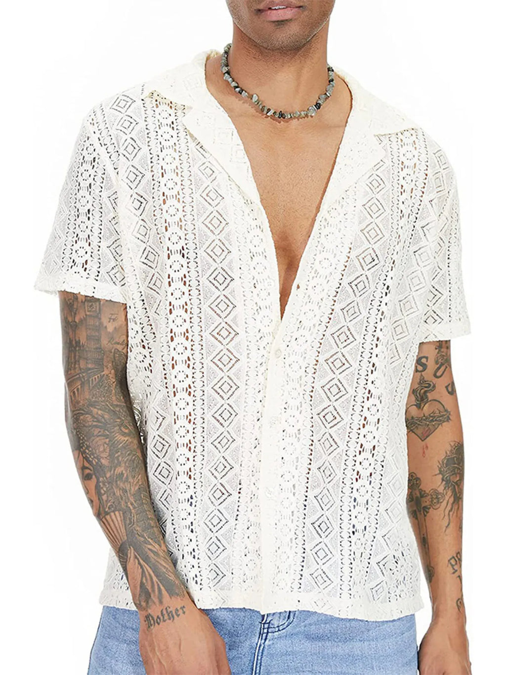 Men's Full Size Lace Button Up Short Sleeve Shirt Plus Size