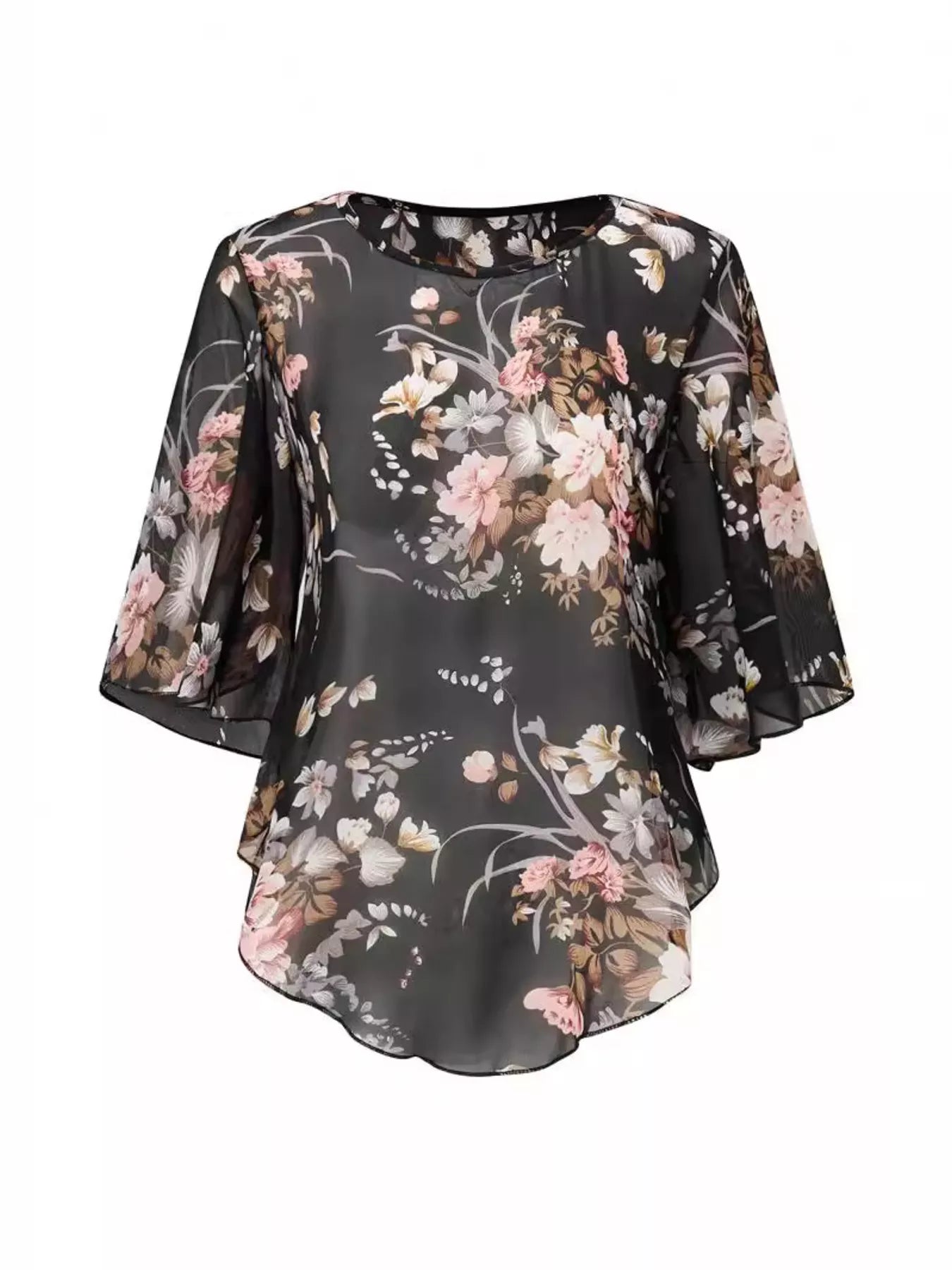 Sheer Floral Print Round Neck Blouse