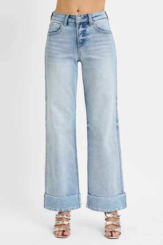 RISEN Full Size Tummy Control High Rise Ankle Wide Cuffed Jeans Plus Size