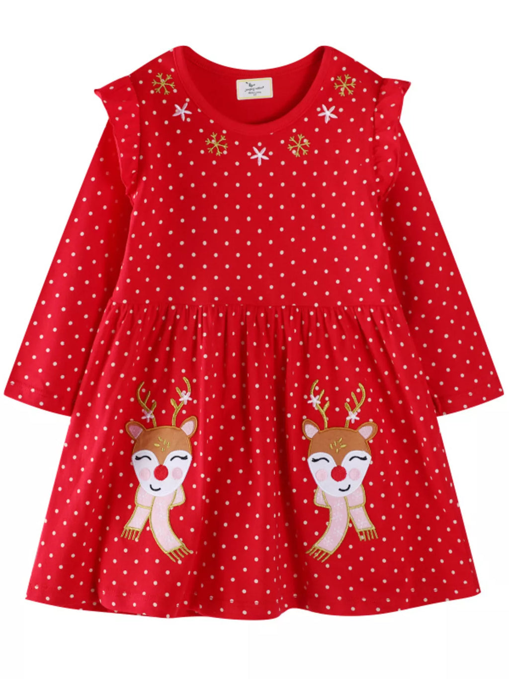Children's Christmas Reindeer Polka Dot Long Sleeve Dress