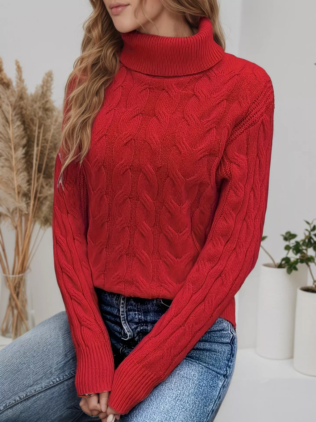 Cable Knit Turtleneck Long Sleeve Sweater