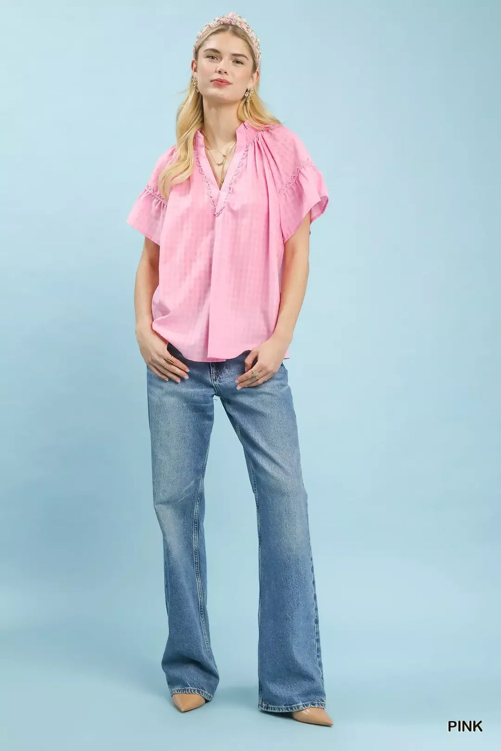 Umgee Gingham Puff Sleeve Top with Lace Trim