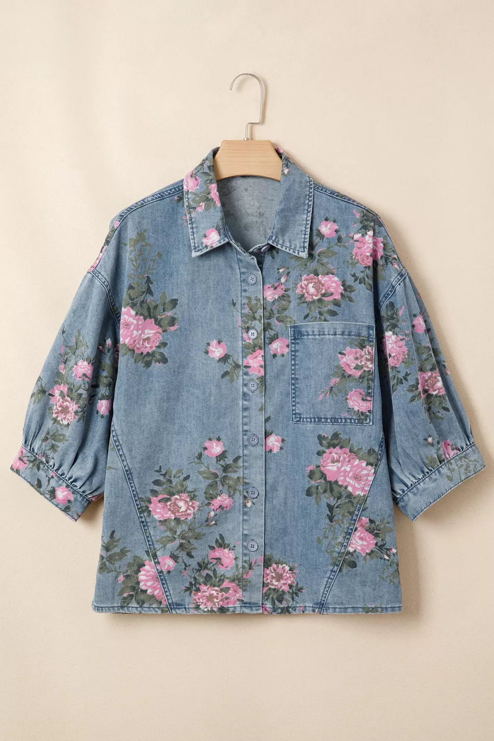 Floral Print Button Up Denim Shirt