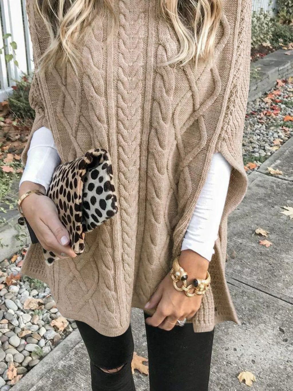 Chunky Cable Knit Turtleneck Poncho Cover Up