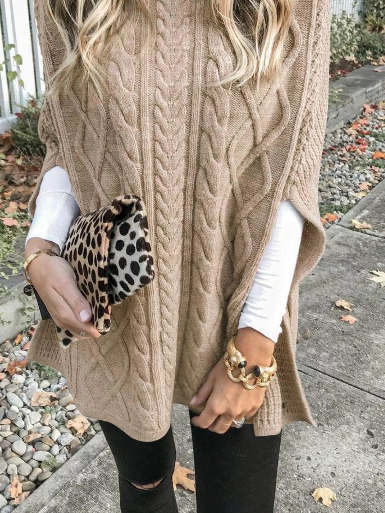 Chunky Cable Knit Turtleneck Poncho Cover Up