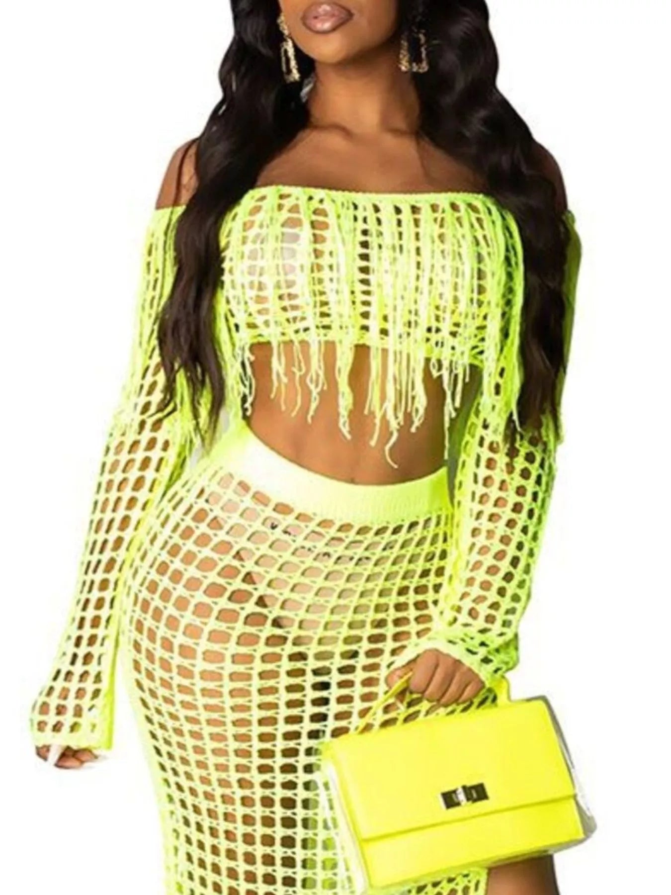 Full Size Crochet Off-Shoulder Fringe Top and Skirt Set Plus Size