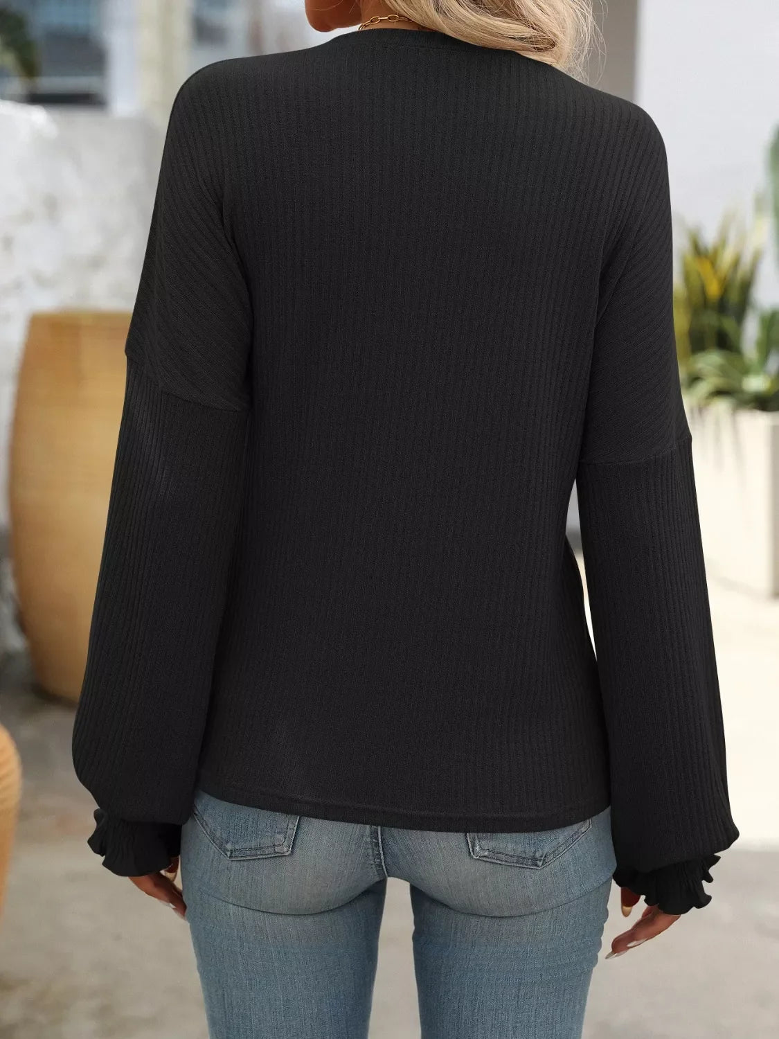 Ribbed Knit Ruffle Cuff T-Shirt