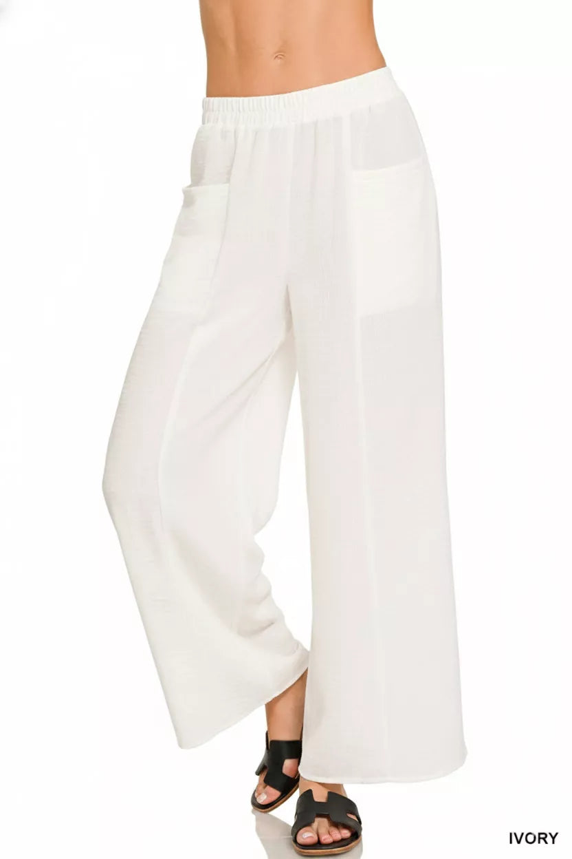 Zenana Woven Airflow Elastic Waistband Pants