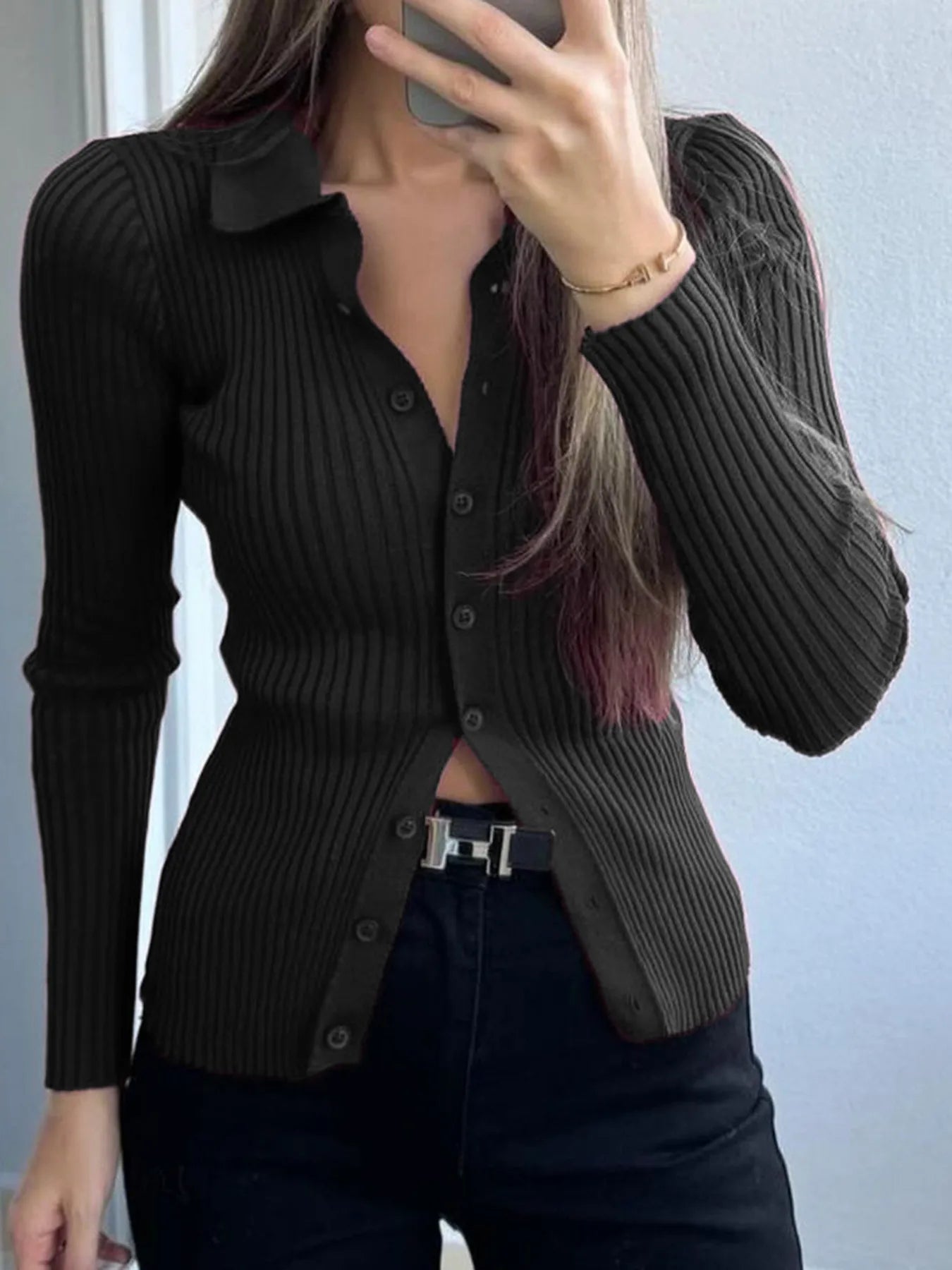 Ribbed Button-Front Long Sleeve Cardigan