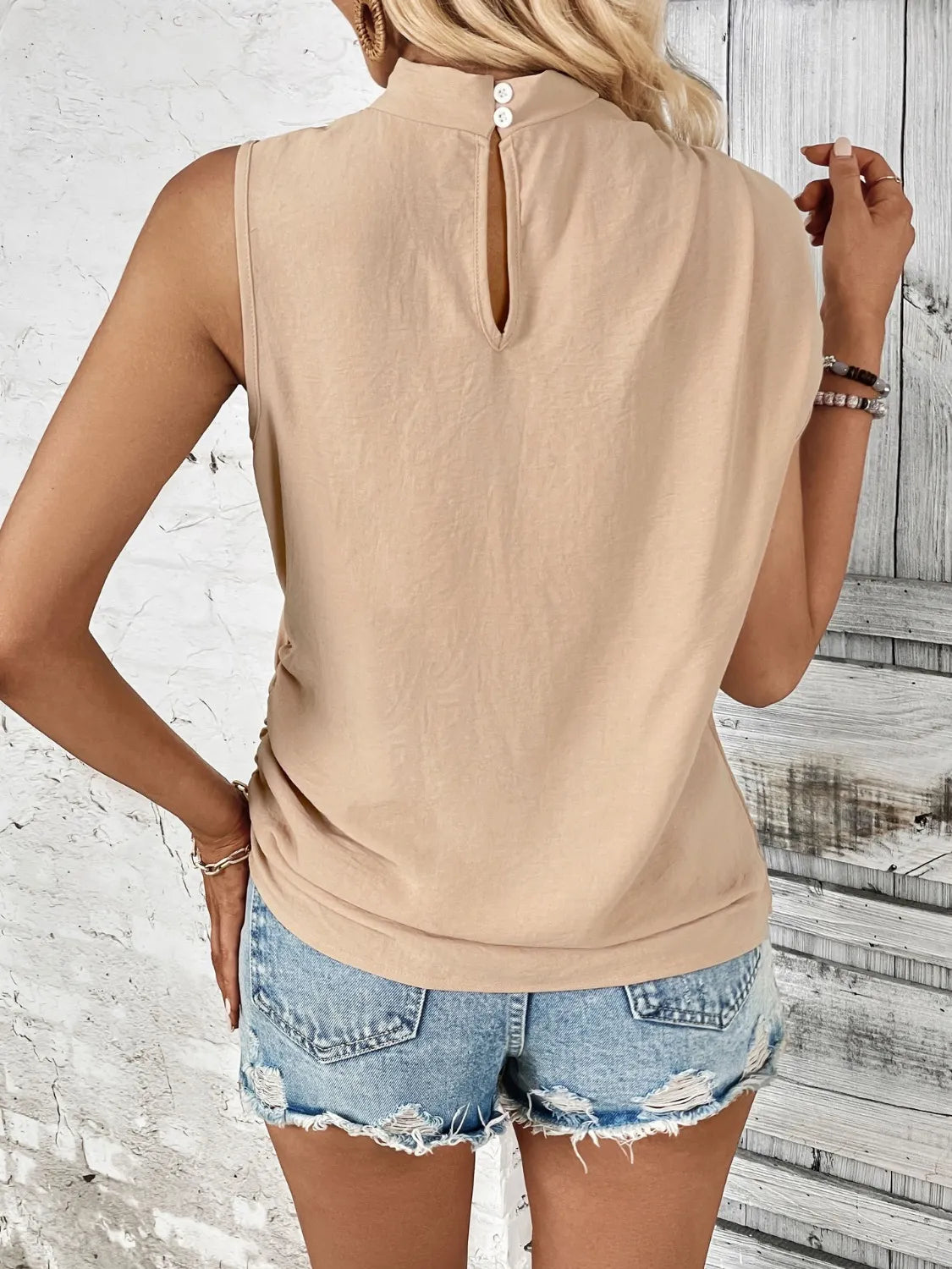 Ruched Shoulder Mock Neck Sleeveless Top
