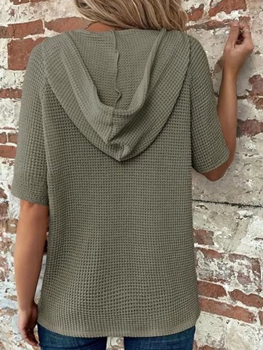 Drawstring Waffle-Knit Short Sleeve Hooded Top