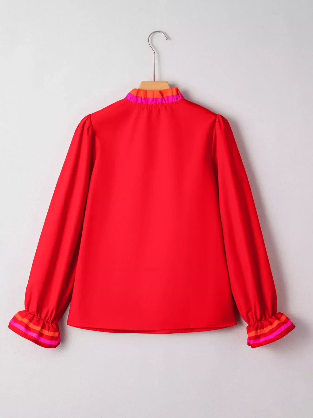 Striped Trim Ruffle Split Neck Long Sleeve Blouse