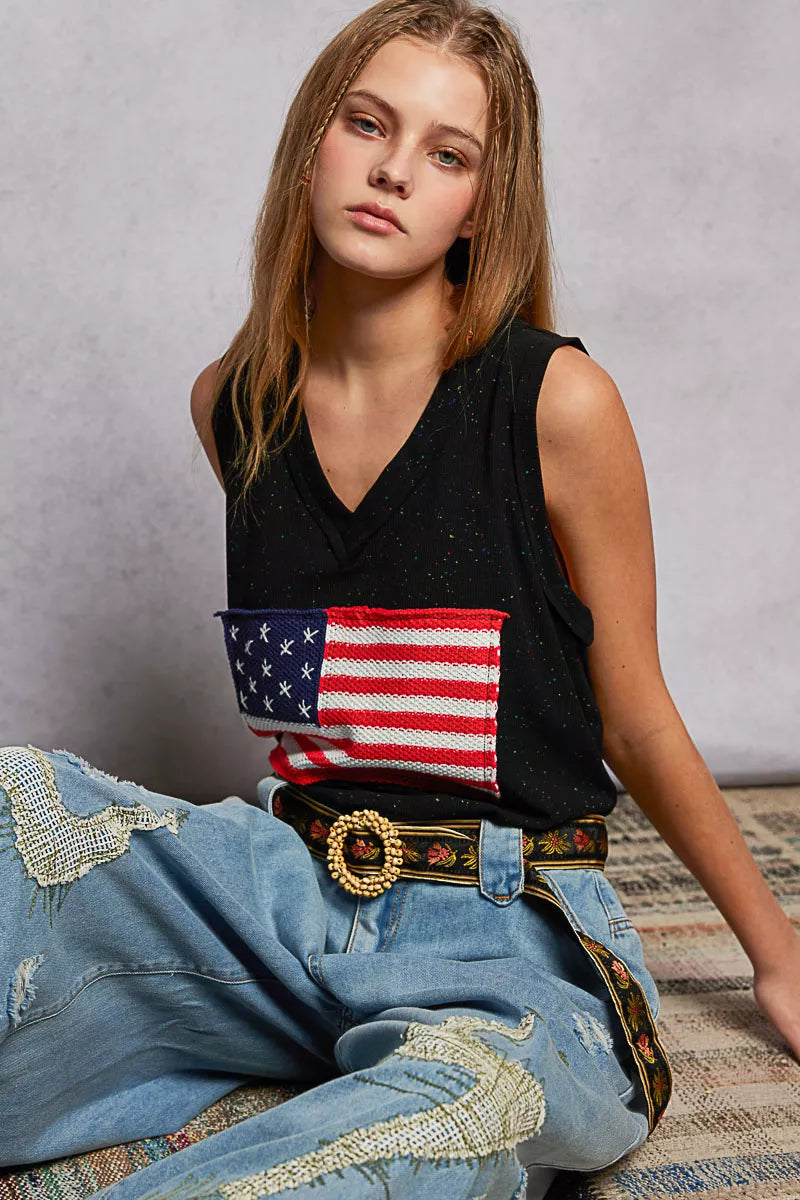 POL V-Neck Ribbed Tank with American Flag Patch and Star Back Patch