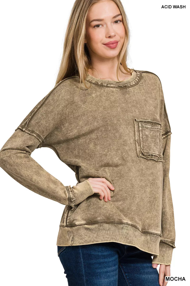 Zenana French Terry Washed Raw Edge Front Pocket Pullover