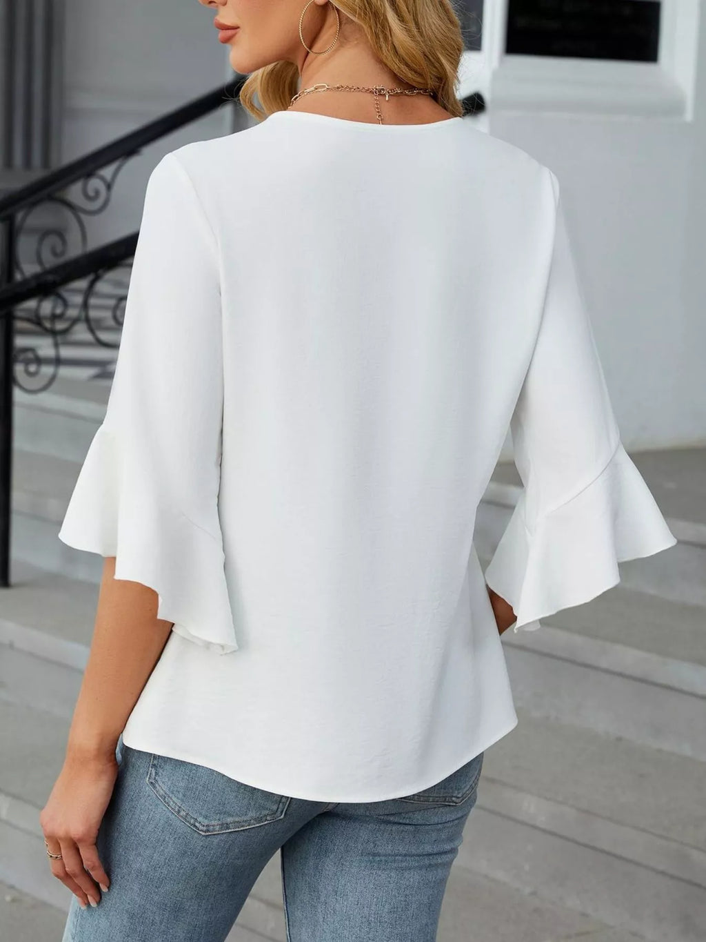 V-Neck Ruffle Sleeve Blouse