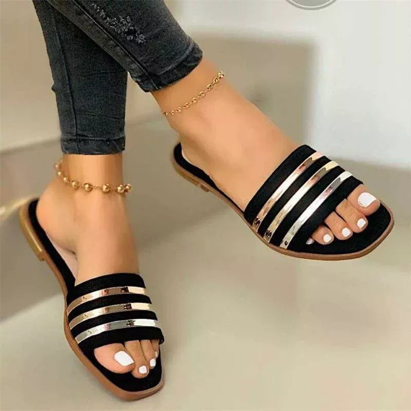 Open Toe Striped Flat Sandals