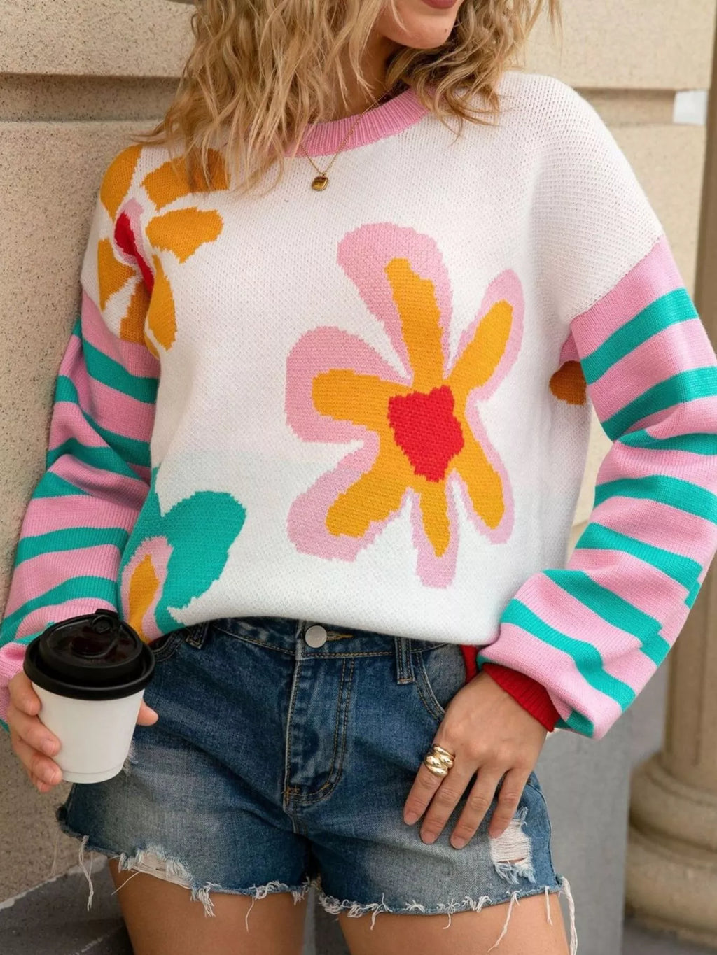 Floral Striped Crew Neck Sweater