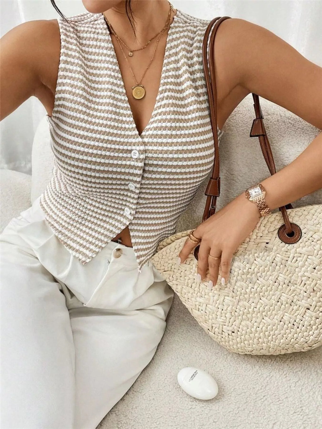 Striped Knit V-Neck Vest