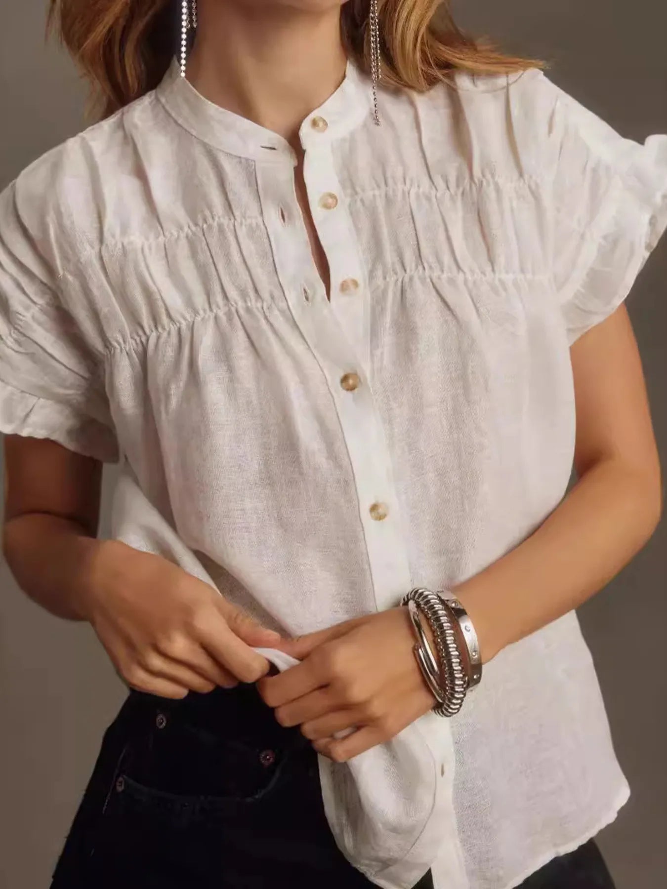 Ruffled Short Sleeve Button Up Shirt