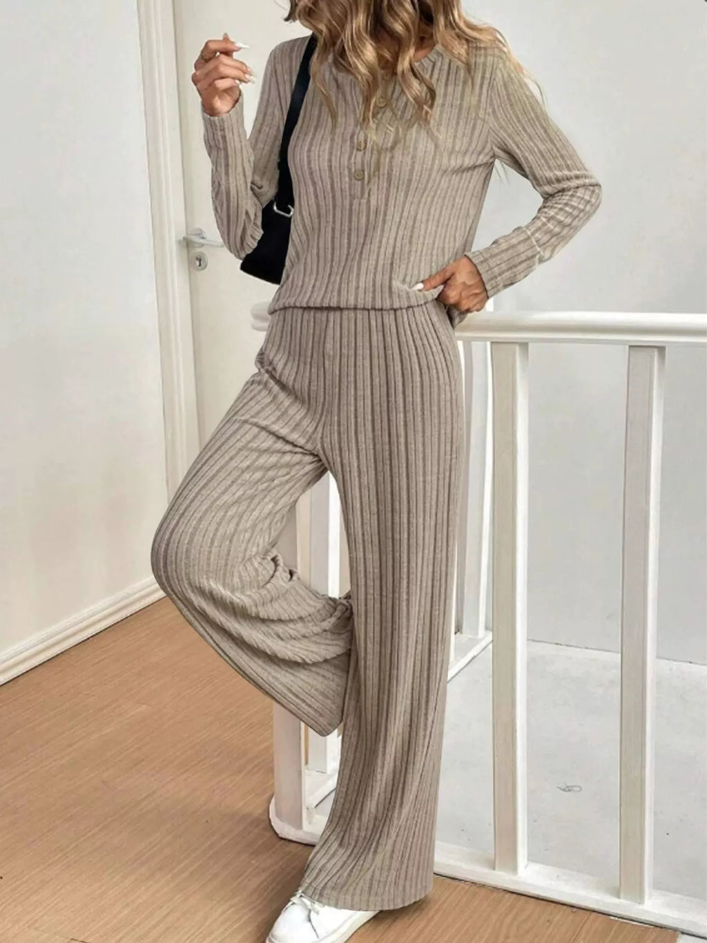 Plus Size Ribbed Knit Button-Front Top and Pants Set