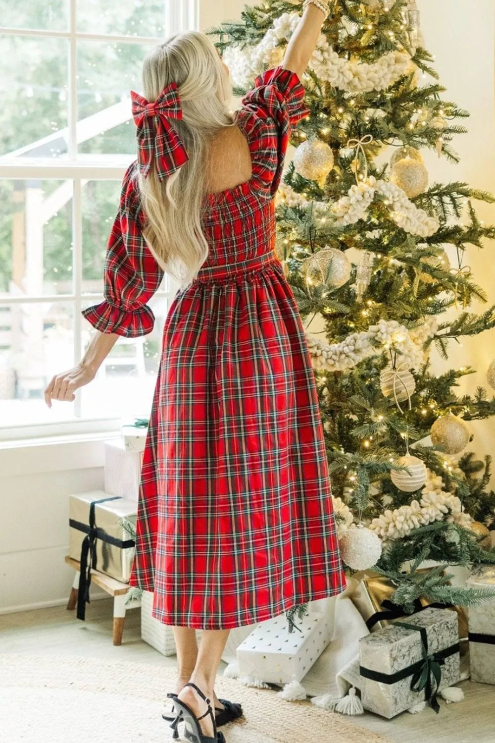 Plaid Smocked Flounce Sleeve Midi Dress