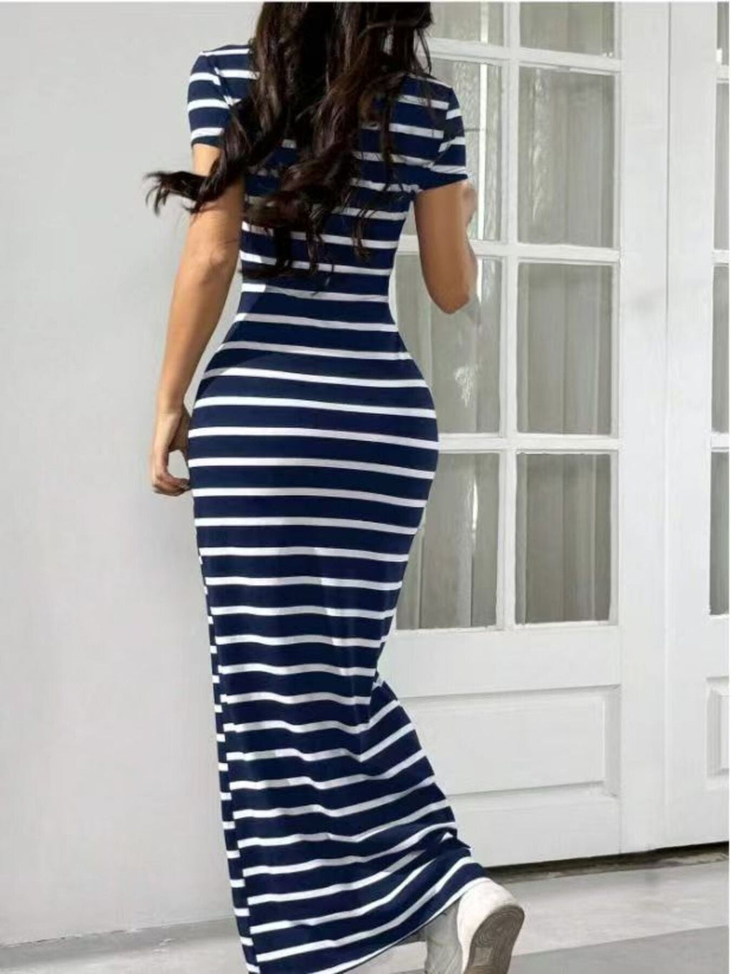 Striped Round Neck Bodycon Maxi Dress